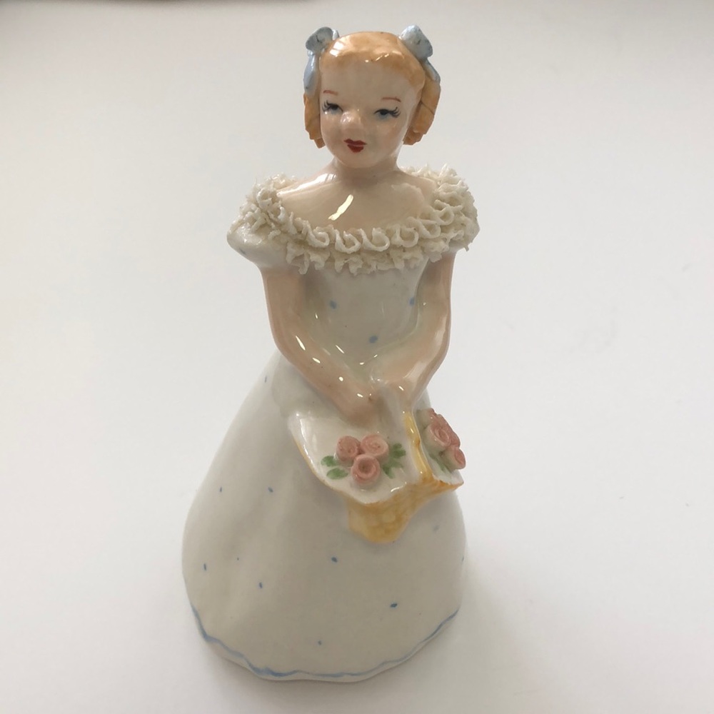Vintage porcelain flower girl figurine with applied lace